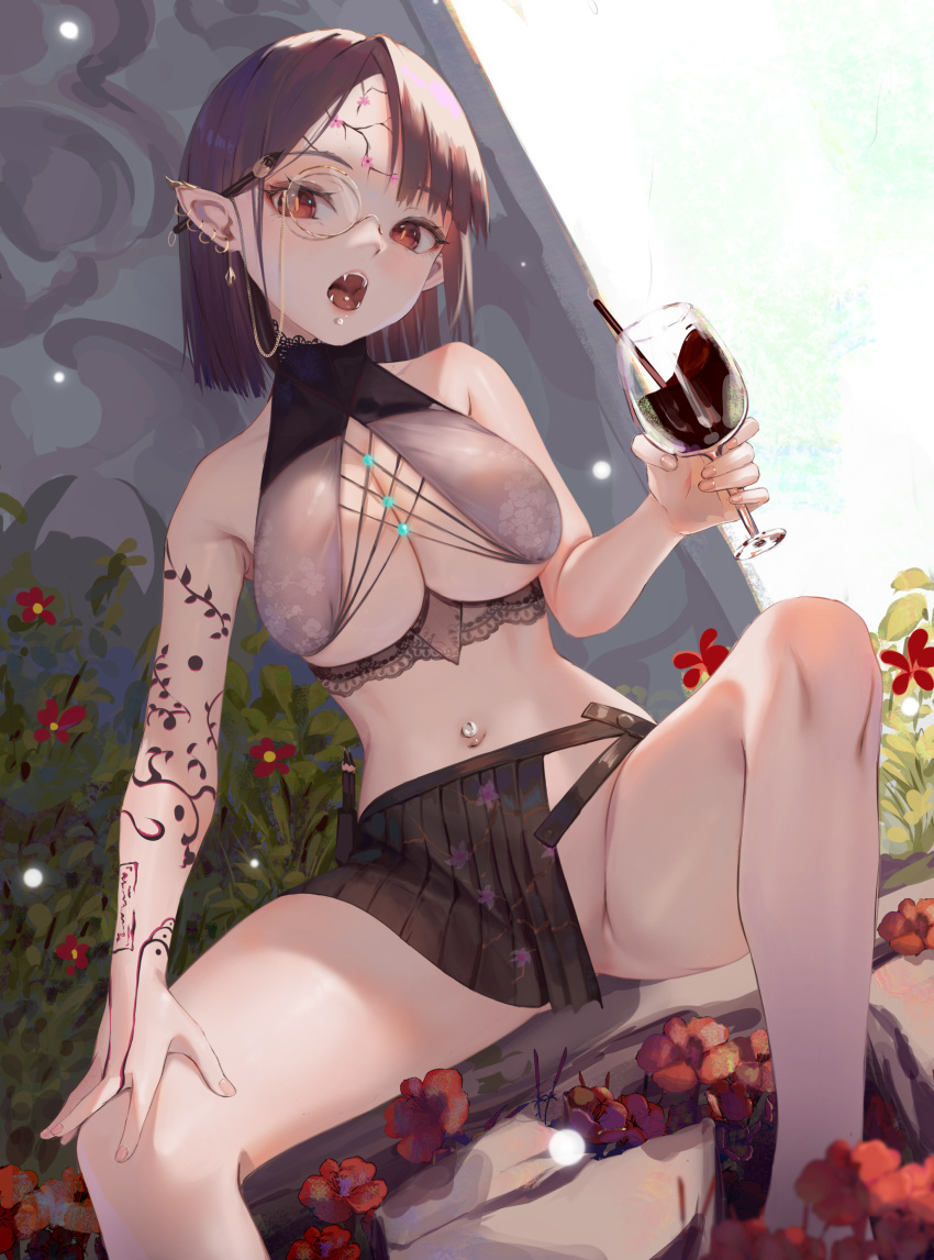 1girl absurdres bare_shoulders black_skirt breasts brown_hair cleavage cup day drink drinking_glass dutch_angle ear_piercing fangs feet_out_of_frame flower gun highres holding holding_gun holding_weapon large_breasts looking_at_viewer miniskirt monochrome navel navel_piercing nekobell no_panties open_mouth original outdoors paintbrush piercing pointy_ears red_flower revealing_clothes short_hair skirt solo spread_legs tongue_piercing weapon