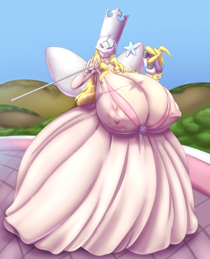 bandai_namco big_breasts blonde_hair breasts cleavage clothed clothing cosplay crown digimon digimon_(species) female glinda_(oc) gown hair headgear hi_res huge_breasts humanoid hyper hyper_breasts ladydevimon marauder6272 solo wand wings