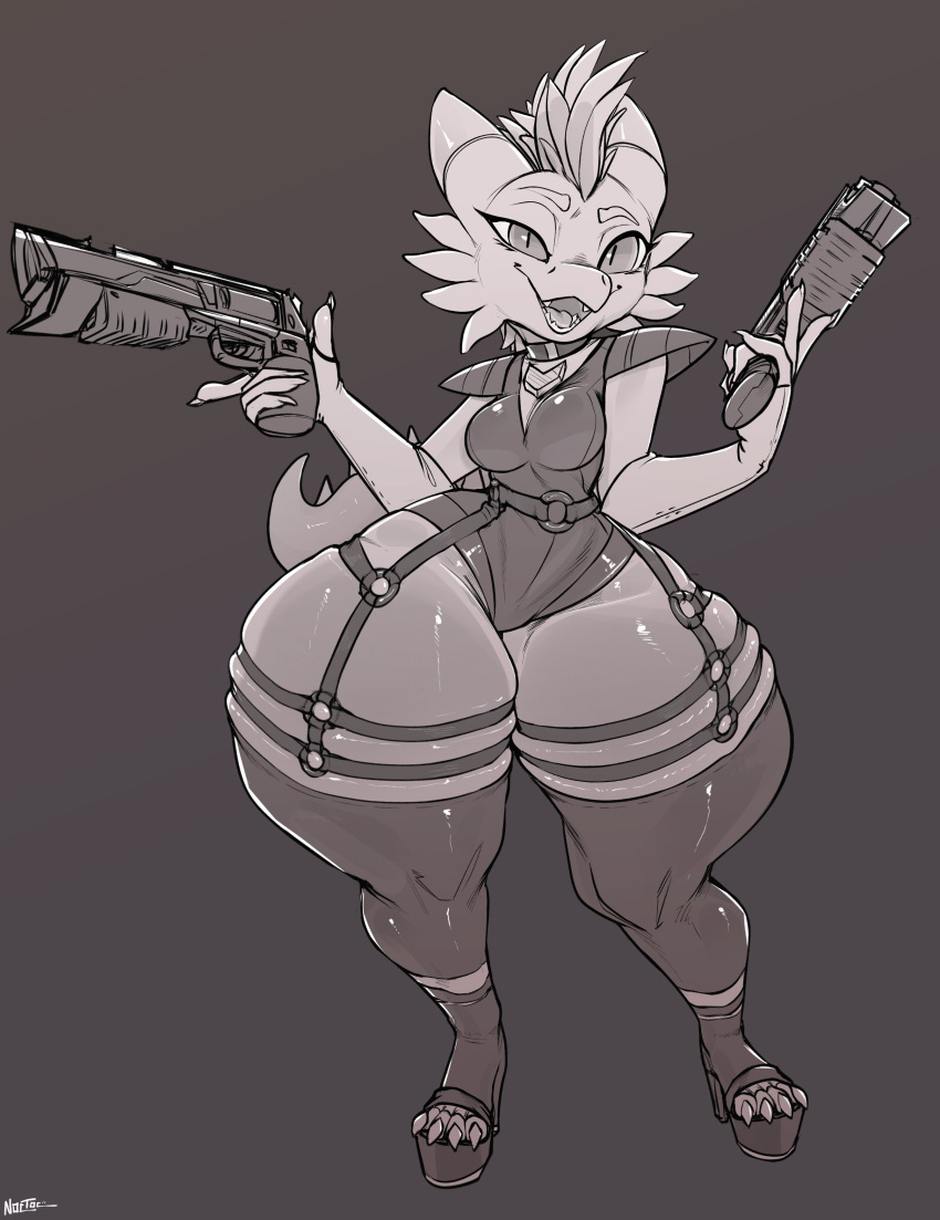 2023 absurd_res akimbo anthro big_breasts bottom_heavy breasts clothed clothing digital_media_(artwork) eyelashes female hi_res horn huge_hips huge_thighs hyper hyper_hips hyper_thighs kobold legwear looking_at_viewer noctoc pupils reptile scalie slit_pupils small_waist solo thick_thighs thigh_highs weapon wide_hips