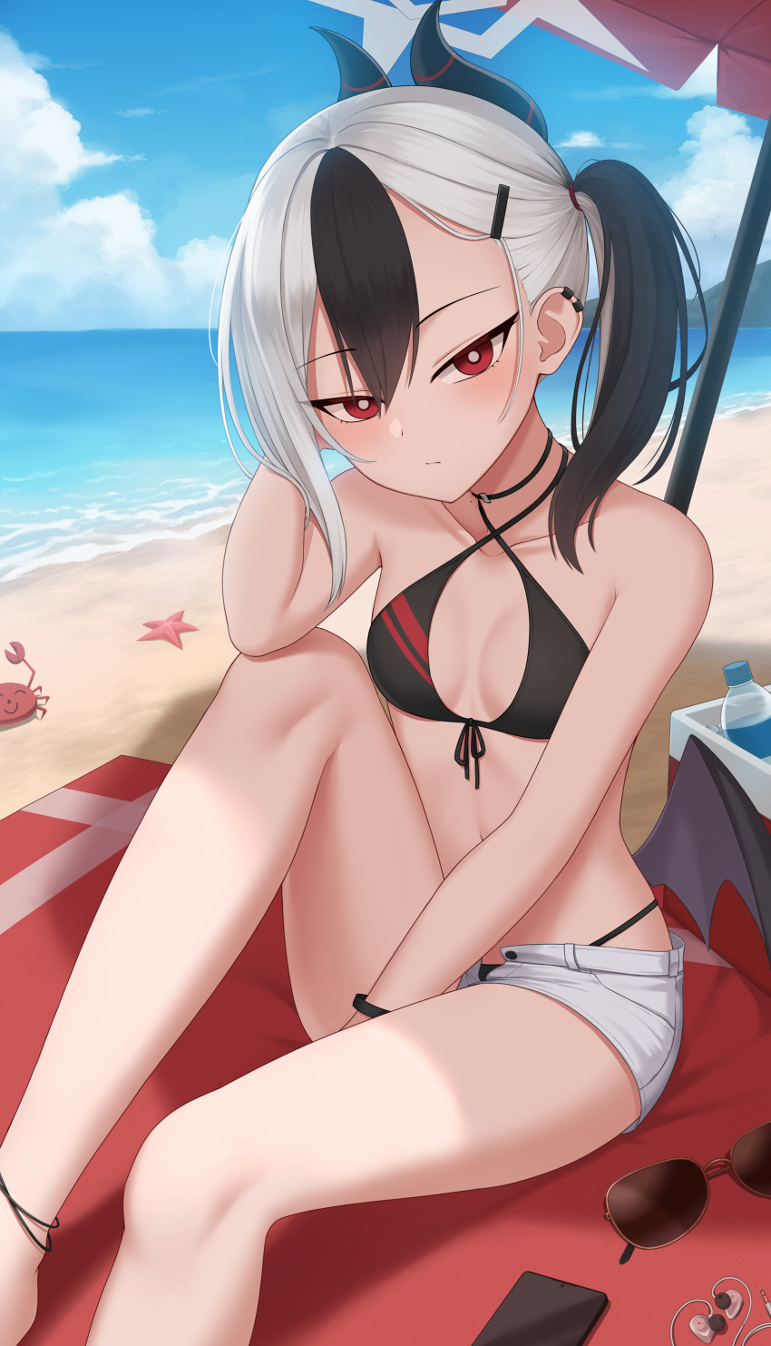 1girl absurdres arm_support beach between_legs bikini bikini_under_shorts black_bikini black_hair blue_archive blush breasts day earrings english_commentary expressionless front-tie_bikini_top front-tie_top hair_ornament hairclip halo hand_between_legs hand_up head_rest highres horns jewelry kayoko_(blue_archive) knee_up kurisu-kun long_hair looking_at_viewer medium_hair midriff multicolored_hair navel ocean on_ground outdoors red_eyes short_shorts shorts side_ponytail sitting small_breasts solo swimsuit two-tone_hair white_hair white_shorts
