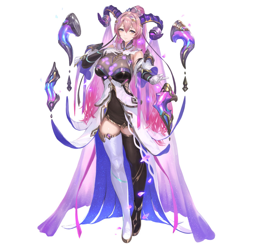 1girl blush boots breasts closed_mouth commentary_request curled_horns dress earrings fire_emblem fire_emblem_heroes floating floating_object full_body gloves goat_horns gradient_hair hair_ornament hairband hand_on_own_chest hand_up high_ponytail highres horns jewelry large_breasts light_smile long_hair looking_at_viewer multicolored_hair nerthuz_(fire_emblem) official_art petals pink_hair ponytail purple_eyes purple_hair shiny_clothes short_dress simple_background single_earring sleeveless solo standing thigh_boots thighs two-tone_hair veil very_long_hair white_background yoshiku_(oden-usagi) zettai_ryouiki