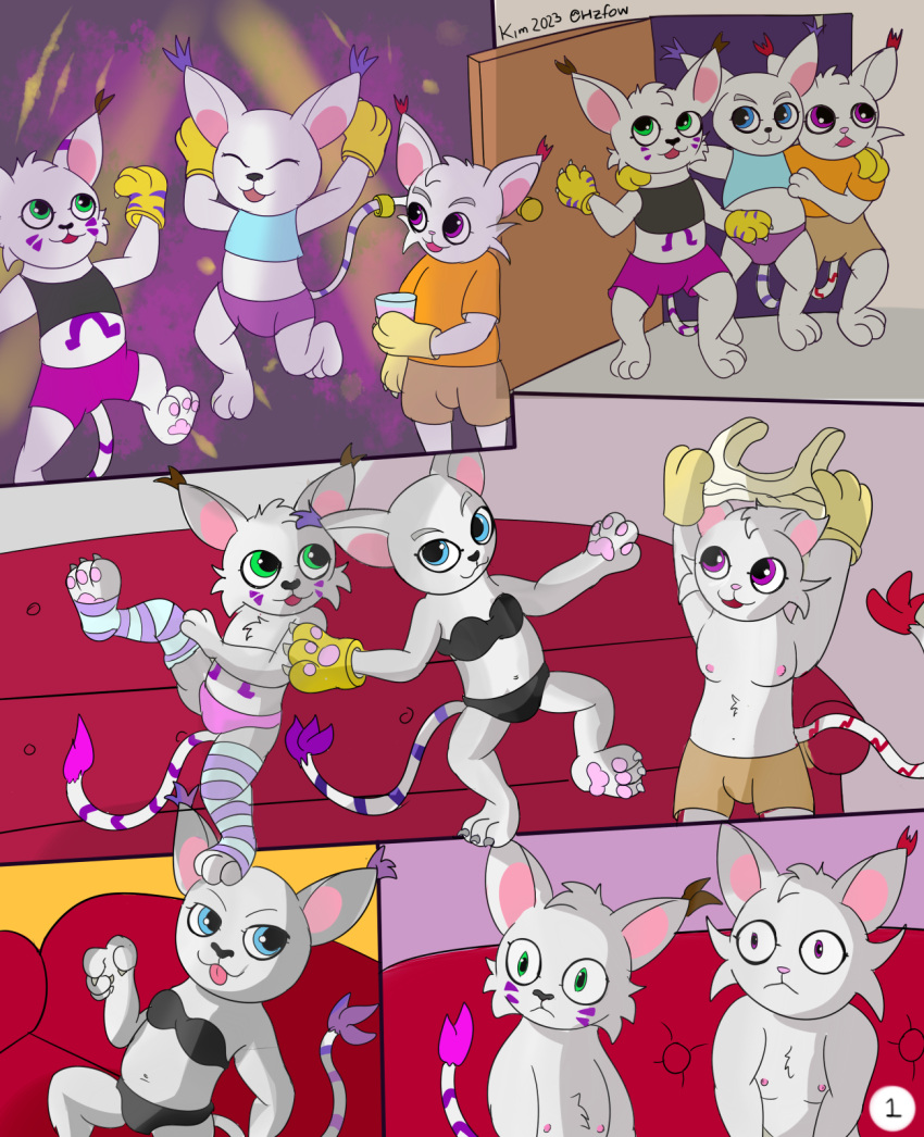 anthro balls bandai_namco blue_eyes breasts clothed clothing digimon digimon_(species) digital_media_(artwork) domestic_cat ear_tuft felid feline felis female footwear fur gatomon genitals girly green_eyes group hair hi_res hzfow male mammal open_mouth purple_eyes raised_clothing sex simple_background smile socks tail tongue trio tuft underwear undressing white_body white_fur