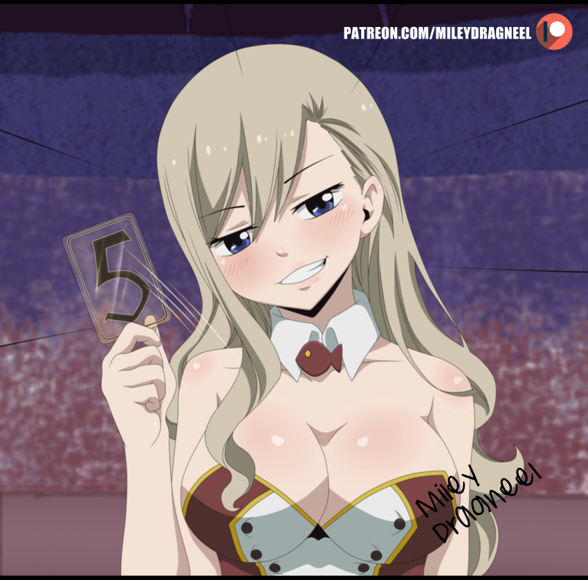 1girl absurdres alternate_costume artist_name blonde_hair blue_eyes blush breasts brown_leotard card cleavage collar commentary detached_collar eden's_zero english_commentary grin half-closed_eyes highres holding holding_card large_breasts leotard long_hair looking_at_viewer miley_dragneel motion_lines patreon_logo rebecca_bluegarden signature smile smirk solo strapless strapless_leotard web_address white_collar wing_collar