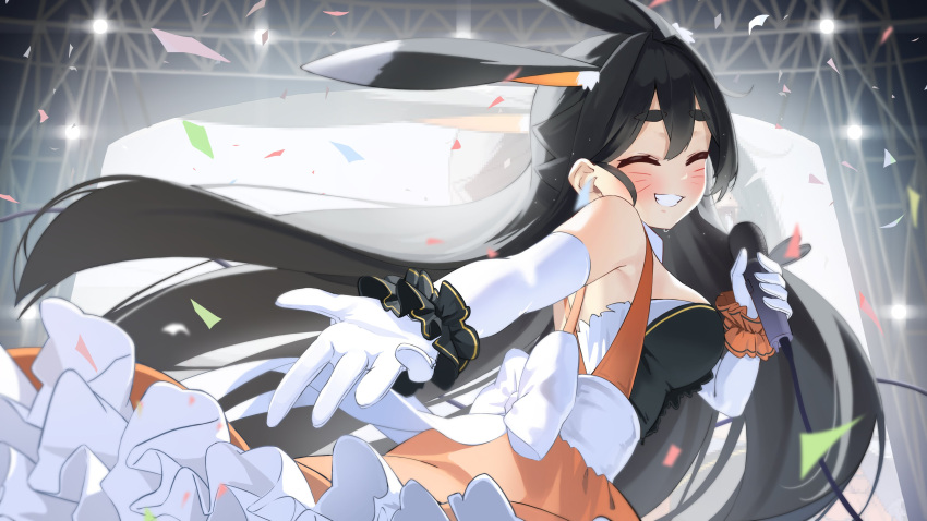 1girl absurdres animal_ear_fluff animal_ears armpit_peek bare_shoulders black_hair black_scrunchie blurry blurry_background blush bow breasts closed_eyes commentary confetti dress elbow_gloves facial_mark facing_viewer frilled_dress frills from_side gloves grin hair_between_eyes highres holding holding_microphone kimyo large_breasts long_hair looking_to_the_side microphone music orange_scrunchie original outstretched_arm outstretched_hand rabbit_ears screen scrunchie singing smile solo stage stage_lights sweat teeth thick_eyebrows virtual_youtuber white_bow white_gloves wrist_scrunchie