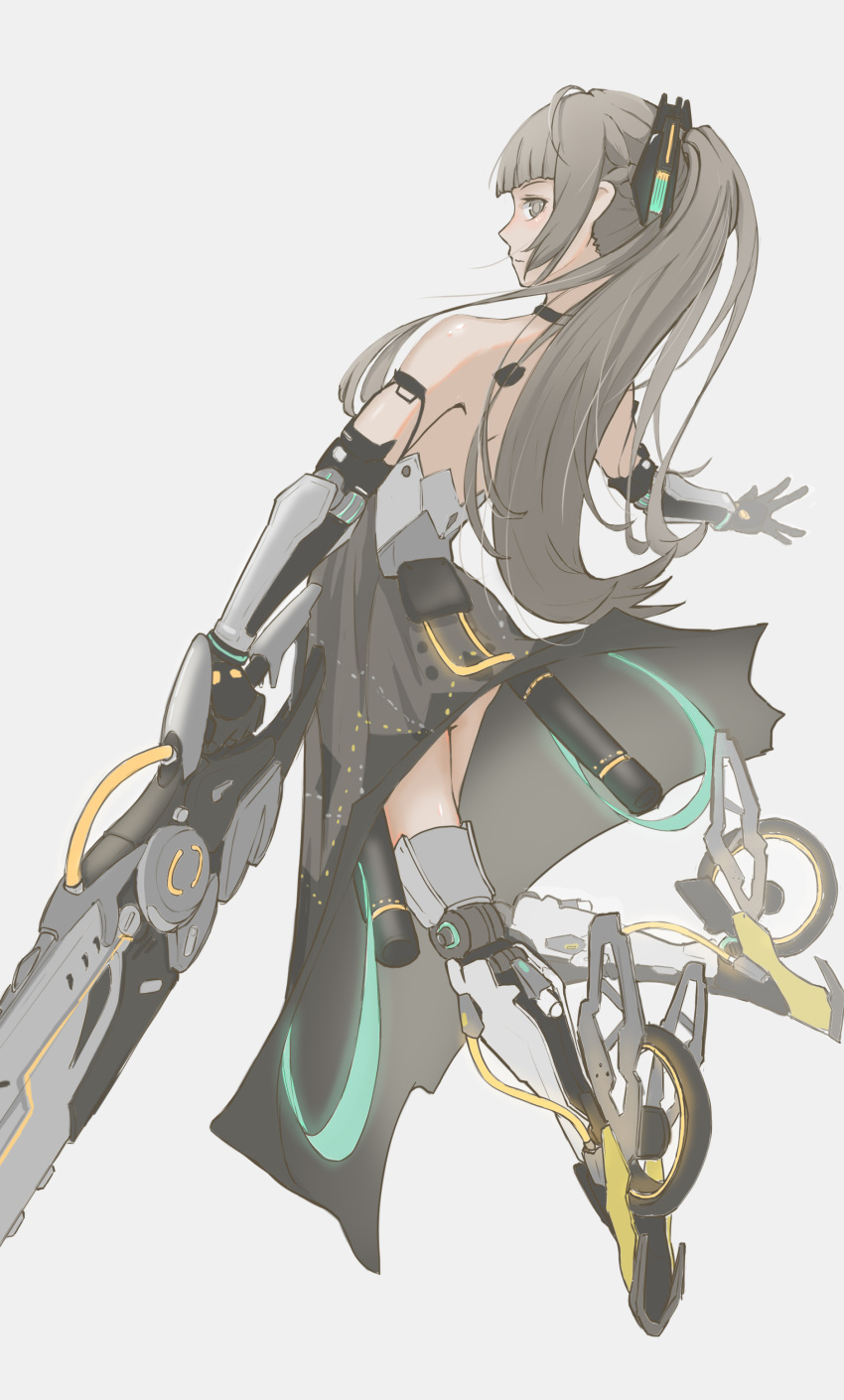 1girl absurdres black_dress chainsword closed_mouth dress from_behind grey_background grey_eyes grey_hair highres holding holding_sword holding_weapon long_hair mechanical_arms mechanical_legs mo_geng nanami:_pulse_(punishing:_gray_raven) nanami_(punishing:_gray_raven) ponytail punishing:_gray_raven sidelocks skates solo sword very_long_hair weapon