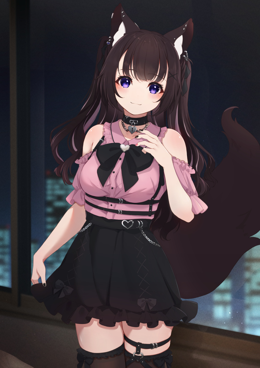 1girl absurdres animal_ear_fluff animal_ears bare_shoulders black_skirt blurry blurry_background blush breasts brown_hair brown_thighhighs building closed_mouth collared_shirt commentary_request depth_of_field dress_shirt fox_ears fox_girl fox_tail frilled_skirt frills hair_ornament hand_up highres hinata_(user_rjkt4745) indoors jirai_kei long_hair looking_at_viewer medium_breasts night night_sky original pink_shirt puffy_short_sleeves puffy_sleeves purple_eyes shirt short_sleeves skirt sky smile solo tail thighhighs two_side_up very_long_hair window x_hair_ornament