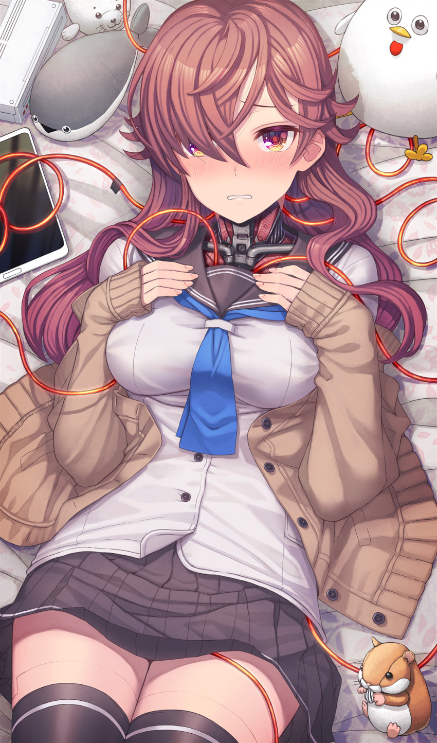 1girl android android_girl_(itou) black_thighhighs blue_neckerchief blush breasts brown_eyes brown_hair cable cardigan commentary_request hair_over_one_eye highres itou_(onsoku_tassha) joints long_hair long_sleeves looking_at_viewer lying mechanical_parts medium_breasts neckerchief on_back on_bed original pleated_skirt robot_joints school_uniform serafuku shirt skirt sleeves_past_wrists solo stuffed_animal stuffed_toy tablet_pc thighhighs white_shirt