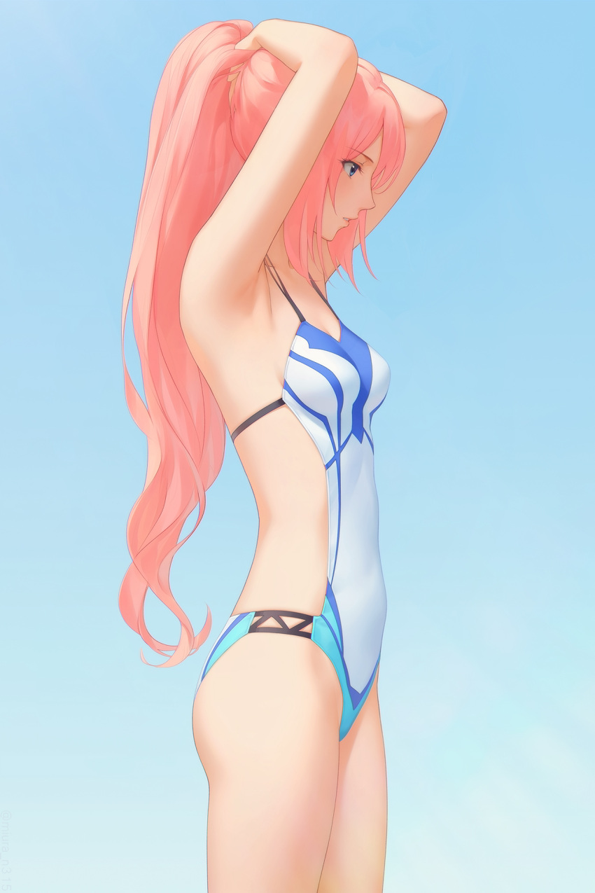 1girl arms_up blue_eyes breasts from_side gradient_background highres long_hair miura-n315 one-piece_swimsuit pink_hair ponytail shionne_(tales) small_breasts solo swimsuit tales_of_(series) tales_of_arise