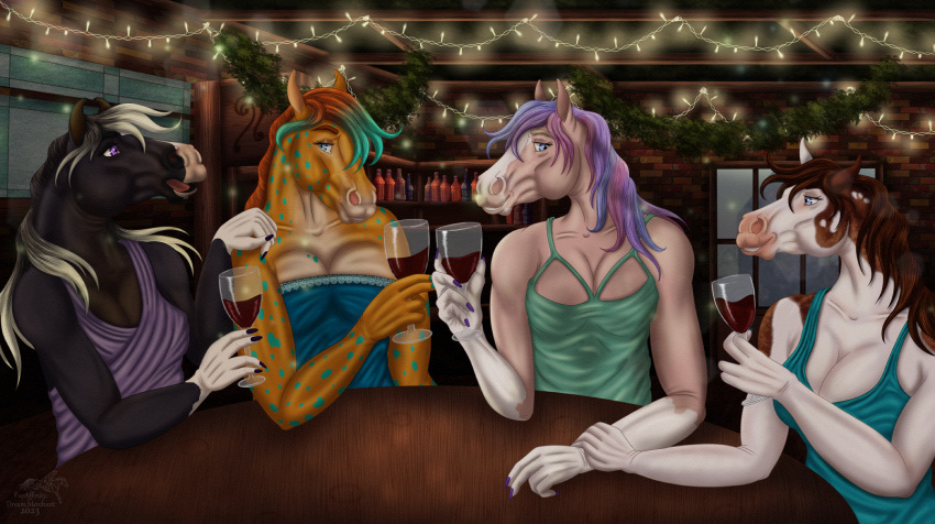 2023 5_fingers alcohol anthro beverage blue_eyes bottle breasts brick_wall brown_hair brown_mane calima_(character) clothed clothing colored_nails container cup detailed_background digital_media_(artwork) dream_merchant dress drinking_glass equid equine eyebrows eyelashes facial_markings female fingers furniture glass glass_container glass_cup group hair hand_on_stomach hand_on_wrist head_markings hi_res horse looking_at_another mammal mane markings marwari morrigan_(morrigan_the_marwari) multicolored_body multicolored_hair nails open_mouth purple_eyes scarla_(scarlanya) smile sophistique_(dream_merchant) table teeth two_tone_body two_tone_hair wall_(structure) window wine wine_glass