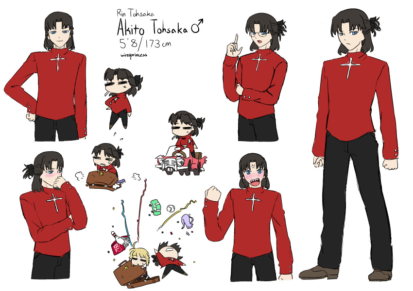 1boy absurdres black_hair blue_eyes denim fate/stay_night fate_(series) genderswap genderswap_(ftm) glasses hair_ribbon highres jeans male_focus pants ponytail ribbon skinny_jeans tohsaka_rin turtleneck wiredprincess