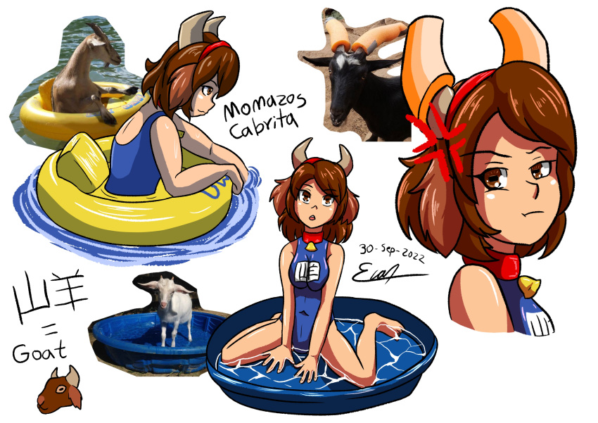 accessory animal_humanoid annoyed bell bell_collar bovid breast_squish breasts brown_hair bucket cabrita_(akubon) caprine clothing collar container evan_harrey female floatie goat hair headband hi_res horizontal_pupils horn humanoid inflatable japanese_text kneeling light_body light_skin looking_at_viewer mammal meme multiple_poses one-piece_swimsuit padded photo polyester pose pupils school_swimsuit simple_background solo spanish_text squish swimwear text