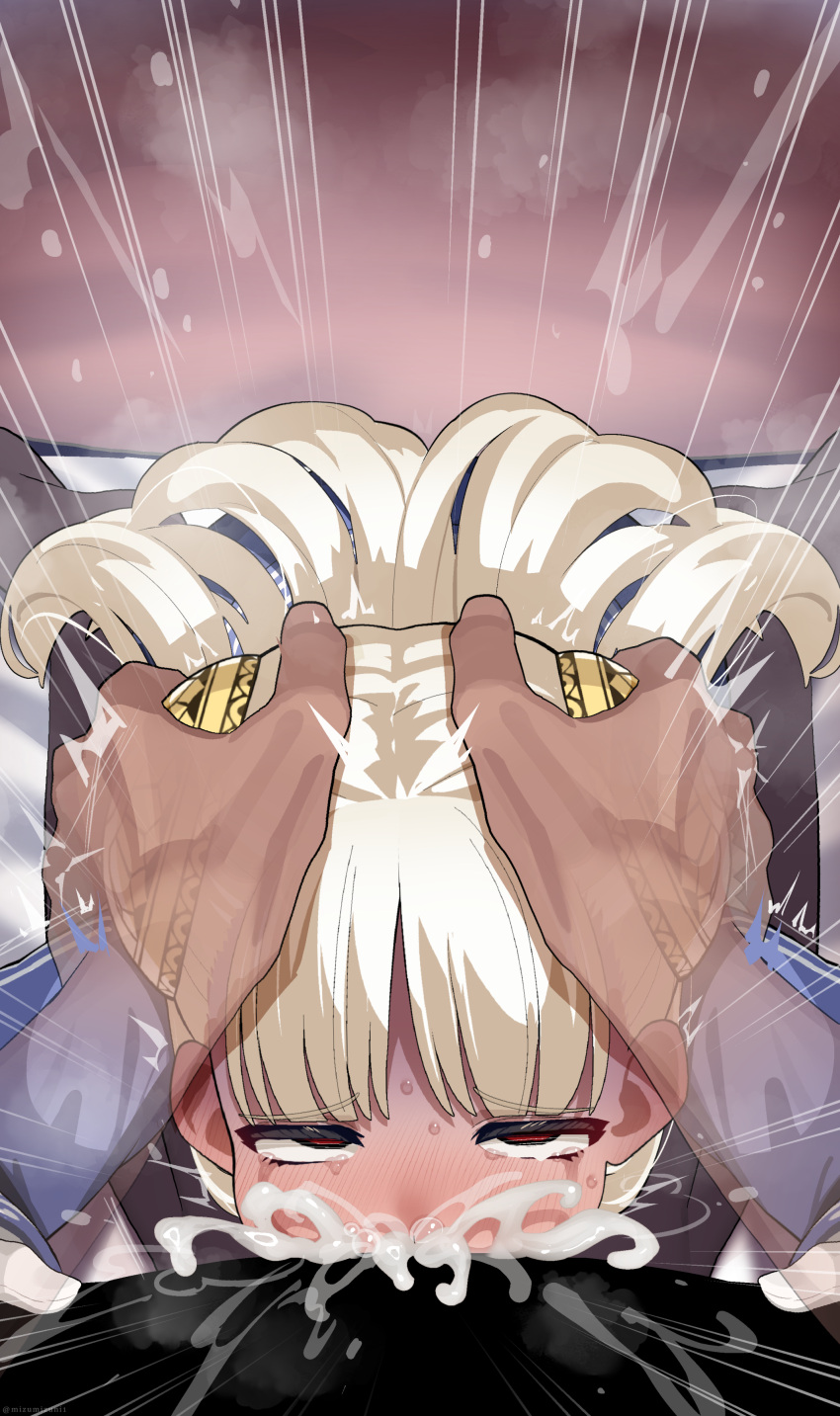 1boy 1girl absurdres bar_censor blush capcom_fighting_jam censored cum cum_in_mouth cum_overflow deepthroat eyes_visible_through_hair fellatio half-closed_eyes hands_on_another's_head head_grab highres huge_penis ingrid_(capcom) long_hair mizumizuni motion_lines nose_blush open_mouth oral pantyhose penis pov red_eyes saliva sanpaku shaded_face sitting solo_focus sweat veins veiny_penis very_long_hair wariza