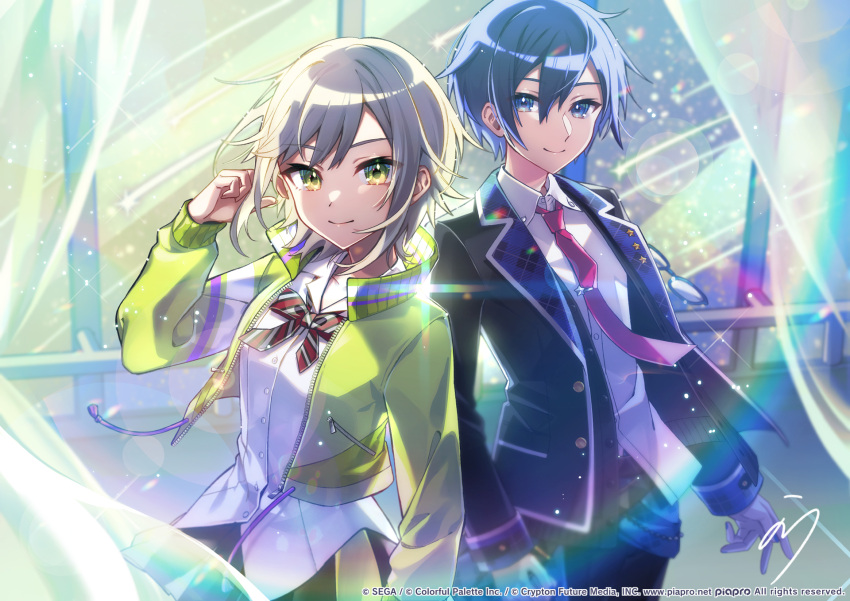 1boy 1girl black_hair black_jacket black_pants blue_eyes blue_hair closed_mouth collared_shirt commentary curtains diagonal-striped_bow drawstring dress_shirt gradient_hair green_eyes green_jacket grey_hair highres hinomori_shiho jacket kaito_(vocaloid) leo/need_(project_sekai) leo/need_kaito long_sleeves multicolored_hair multiple_boys necktie nou_(nounknown) official_art open_clothes open_jacket pants project_sekai puffy_long_sleeves puffy_sleeves red_necktie shirt short_hair sleeves_past_wrists smile transparent vocaloid white_shirt window