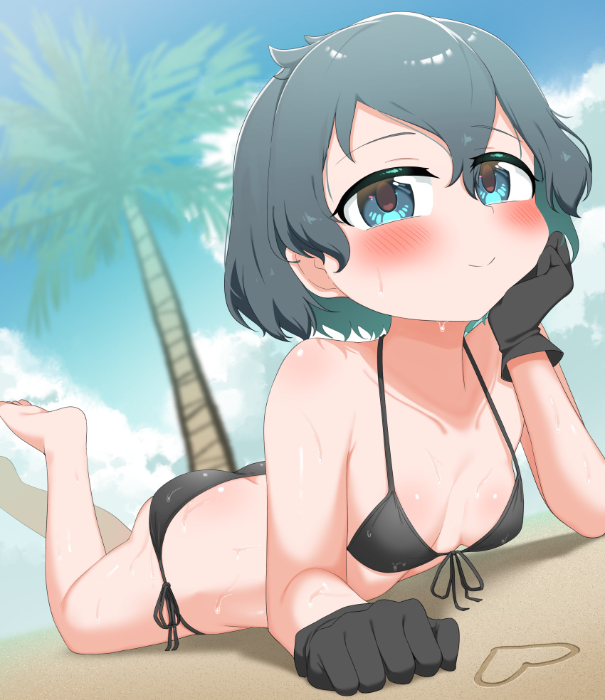 1girl absurdres bikini black_bikini black_gloves black_hair blue_eyes blue_sky blush breasts chis_(js60216) cloud day dutch_angle front-tie_bikini_top front-tie_top gloves highres kaban_(kemono_friends) kemono_friends looking_at_viewer lying on_stomach outdoors palm_tree short_hair side-tie_bikini_bottom sky small_breasts smile solo swimsuit tree