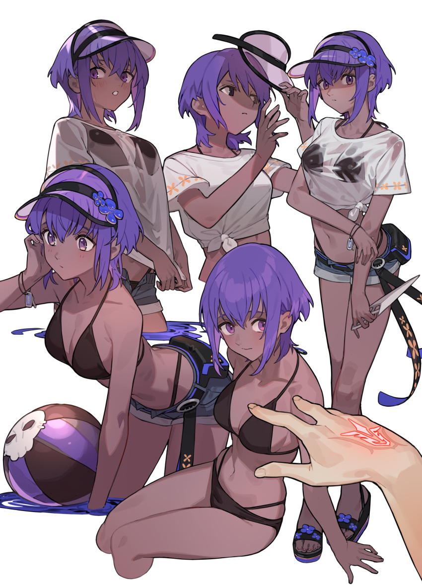 1girl absurdres ball bare_shoulders beachball bikini bikini_under_clothes blush breasts closed_mouth collarbone command_spell dark-skinned_female dark_skin fate/grand_order fate_(series) hair_between_eyes hassan_of_serenity_(fate) hat highres looking_at_viewer medium_breasts nao_(syn_eaa) navel open_mouth purple_eyes purple_hair shirt short_hair short_shorts shorts swimsuit very_dark_skin wet wet_clothes wet_shirt