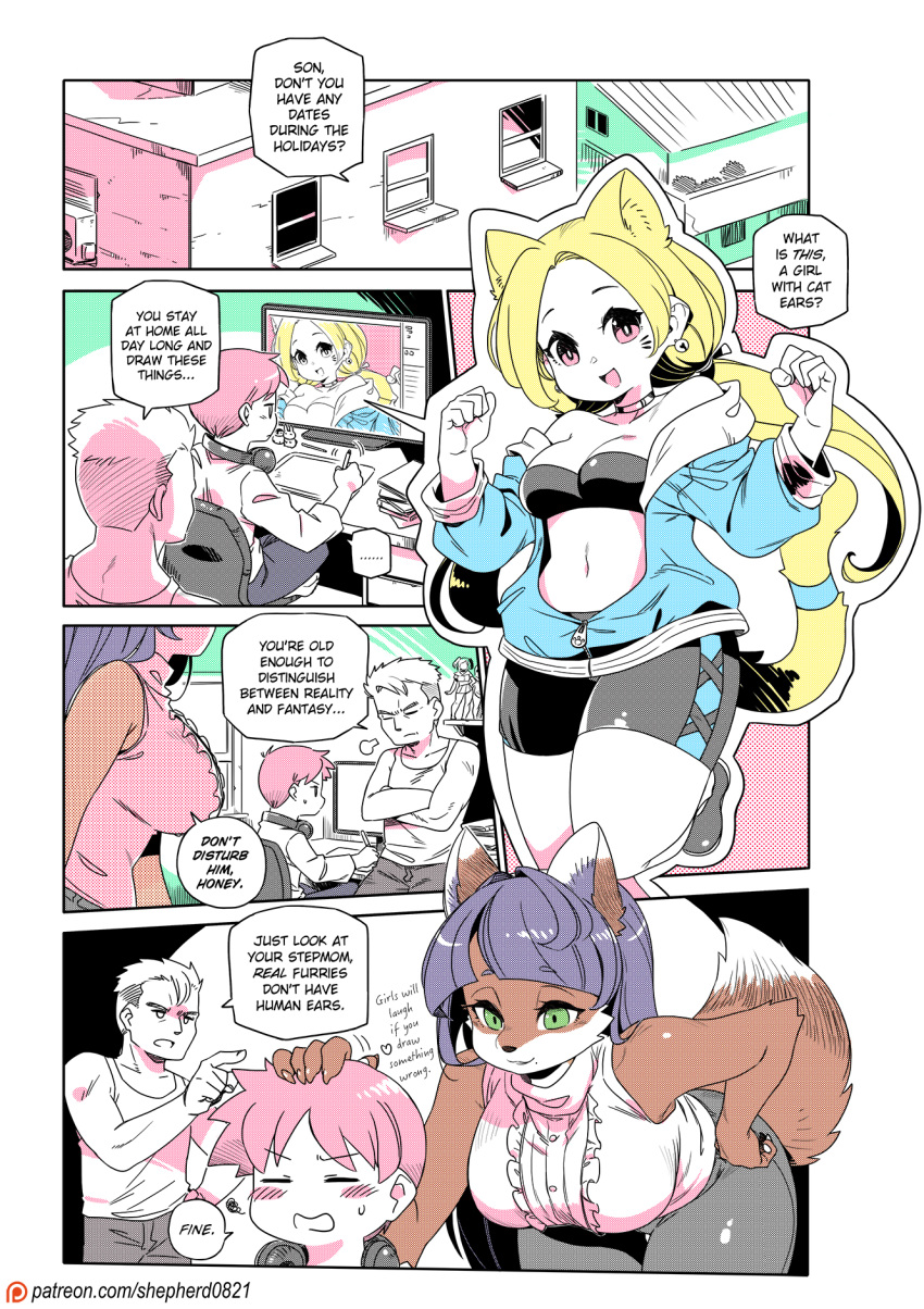 age_difference anthro bent_over big_breasts blonde_hair bodily_fluids bottomwear breast_size_difference breasts brown_body brown_fur building canid canine cleavage clothed clothing comic english_text female fur hair hi_res human male mammal pants shepherd0821 shirt sweat text topwear younger_male