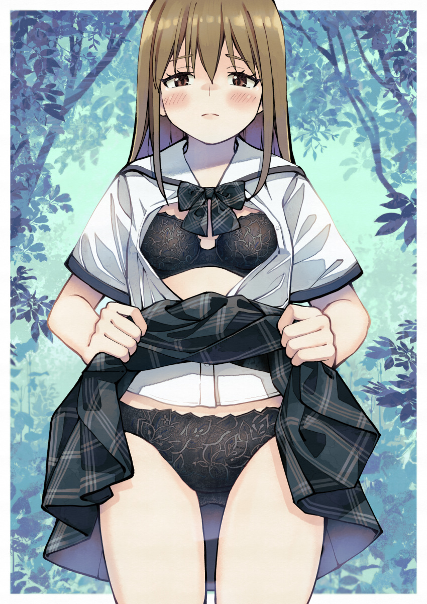 1girl akemiho_tabi_nikki black_bow black_bowtie black_bra black_panties black_skirt blush bow bowtie bra breasts brown_eyes brown_hair closed_mouth clothes_lift commentary_request commission cowboy_shot frown half-closed_eyes highres kouno_hikaru lifted_by_self looking_at_viewer medium_breasts medium_hair miniskirt outdoors panties partial_commentary pixiv_commission plaid plaid_bow plaid_bowtie plaid_skirt pleated_skirt sailor_collar school_uniform serafuku shirt short_sleeves skirt skirt_lift solo standing takeguro_rara underwear white_sailor_collar white_shirt