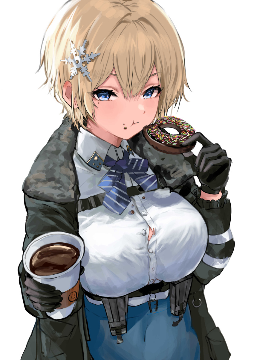 1girl absurdres belt black_gloves black_jacket blonde_hair blue_eyes blue_skirt bow bowtie breasts button_gap coffee collared_shirt commentary doughnut duplicate eating food girls'_frontline gloves hair_between_eyes hair_ornament highres holding jacket large_breasts looking_at_viewer maria_(syake-uni) mole mole_under_eye pixel-perfect_duplicate shirt short_hair sidelocks skirt snowflake_hair_ornament solo taut_clothes taut_skirt thigh_pouch vsk-94_(girls'_frontline) white_shirt