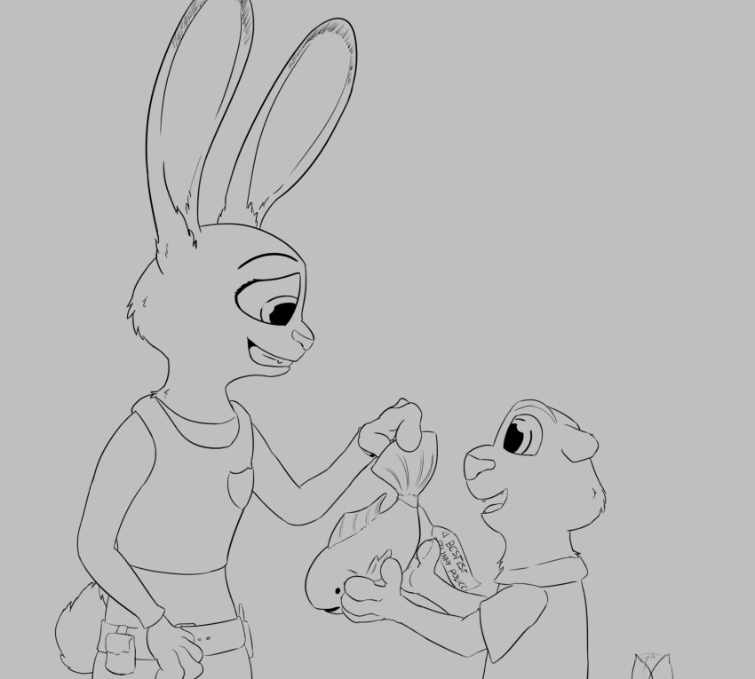 a-signature anthro badge clothing cringing disney female fish gift gift_tag grey_background hi_res judy_hopps lagomorph leporid male mammal marine mustelid otter rabbit simple_background standing tail tail_motion tailwag text uniform zootopia
