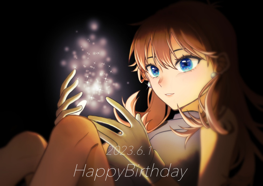 1girl ayan_ip black_background blue_eyes breasts brown_hair dated dress earrings eyelashes gloves green_(pokemon) grey_dress hair_beween_eyes happy_birthday highres jewelry long_hair parted_lips pokemon pokemon_adventures sleeveless sleeveless_dress smile solo sparkle