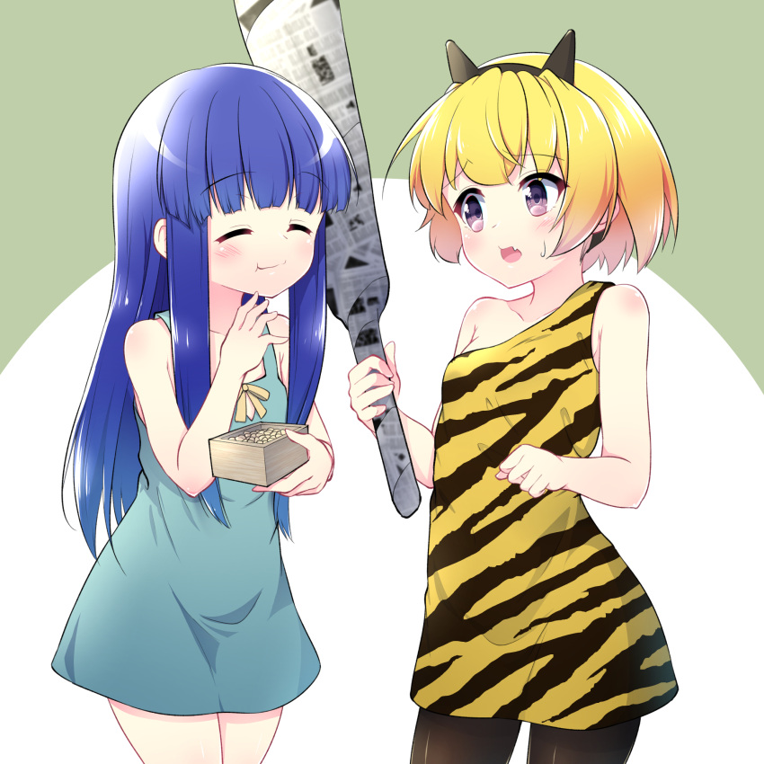 2girls animal_print aqua_dress black_horns black_pantyhose blonde_hair blue_hair blunt_bangs blush closed_eyes closed_mouth collarbone cowboy_shot dress eating fake_horns fang furude_rika hazumi_otoya highres higurashi_no_naku_koro_ni hime_cut holding horns houjou_satoko long_hair multiple_girls open_mouth pantyhose print_dress purple_eyes setsubun short_hair sidelocks single_strap skin_fang sweatdrop tiger_print two-tone_background