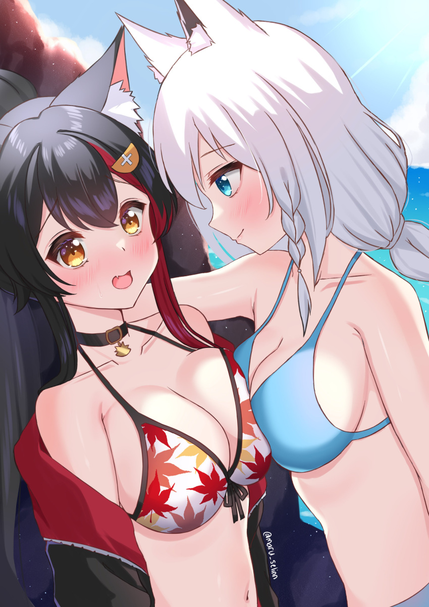 2girls absurdres ahoge animal_ear_fluff animal_ears bikini black_collar black_hair black_jacket blue_bikini blush braid breast_press breasts cleavage collar collarbone commentary_request day earrings fang fox_ears fox_girl green_eyes hair_between_eyes hair_ornament hairclip highres hololive jacket jewelry kabedon leaf_print long_hair looking_at_another maple_leaf_print maru.selinn medium_breasts multicolored_hair multiple_girls navel ocean ookami_mio open_clothes open_jacket open_mouth outdoors red_hair shirakami_fubuki sidelocks single_braid skin_fang streaked_hair swimsuit twitter_username virtual_youtuber white_bikini white_hair yellow_eyes