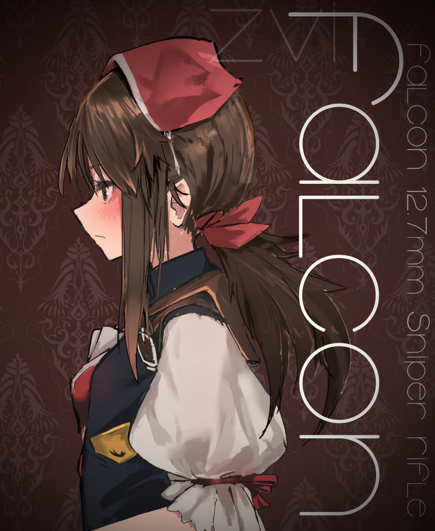 1girl akitaka_takaaki black_jacket blush breasts brown_eyes brown_hair closed_mouth commentary commentary_request english_text falcon_(girls'_frontline) from_side girls'_frontline head_scarf highres jacket long_hair medium_breasts ponytail puffy_short_sleeves puffy_sleeves red_headwear short_sleeves sleeveless sleeveless_jacket solo upper_body