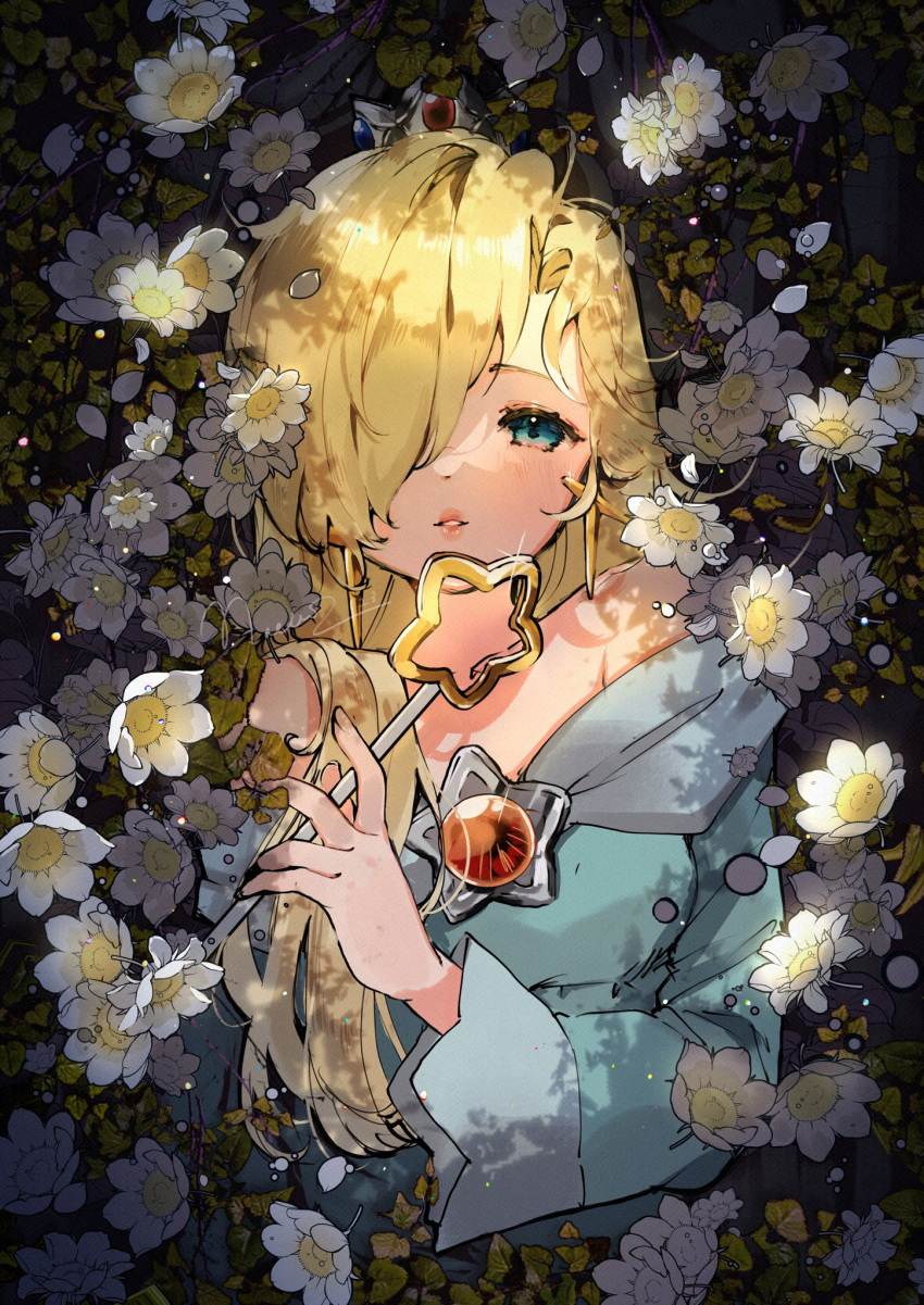 1girl artist_name bare_shoulders blonde_hair blush dress earrings falling_petals floral_background flower green_dress green_eyes hair_between_eyes highres holding holding_staff jewelry leaf light long_hair looking_at_viewer mario_(series) nachoz_(nachozart) one_eye_covered petals rosalina signature solo staff upper_body