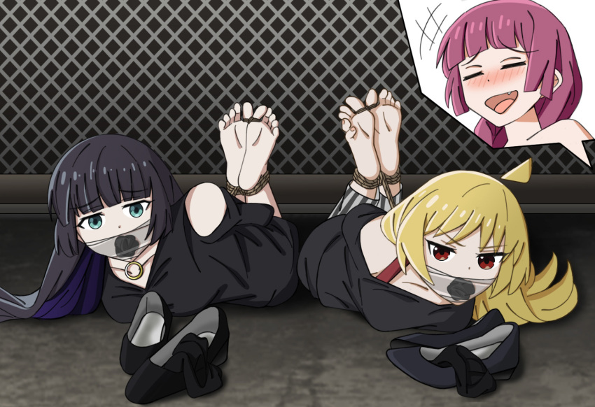 3girls barefoot bdsm black_hair black_socks blonde_hair blue_eyes blunt_bangs blush bocchi_the_rock! bondage bound bound_together gag gagged glaring hiroi_kikuri ijichi_seika improvised_gag kidnapped long_hair multicolored_hair multiple_girls off_shoulder pa-san pink_hair red_eyes sa@mobuliaoyu shibari shoes socks tape tape_gag tied_up_(nonsexual)