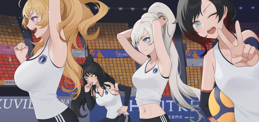 4girls ;d arms_up ball black_hair blake_belladonna blonde_hair blue_eyes bow breasts grey_eyes hair_bow highres indoors large_breasts medium_breasts multiple_girls navel one_eye_closed open_mouth playing_sports purple_eyes red_hair ruby_rose rwby scar scar_across_eye scar_on_face small_breasts smile sportswear stadium stomach sweat tank_top tying_hair v volleyball volleyball_(object) volleyball_uniform wangxiii weiss_schnee white_hair white_tank_top yang_xiao_long yellow_eyes