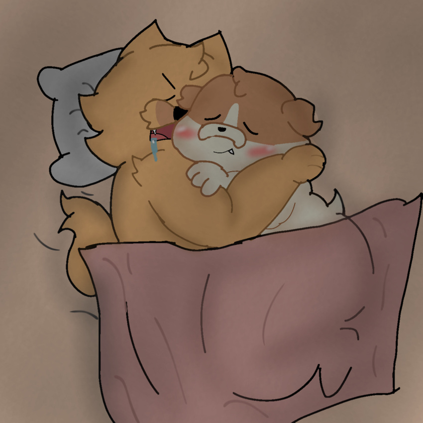 anthro bed canid canine canis dog_tags dogs_in_space domestic_dog duo embrace eyes_closed furniture hi_res hug humanoid jerry_(dogs_in_space) loaf_(dogs_in_space) male male/male mammal nude open_mouth pillow ship sleeping smile ugly-rat15508 vehicle watercraft