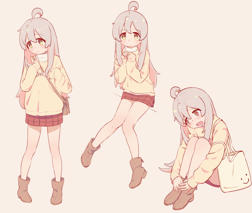 1girl @_@ ahoge ankle_boots bag blush boots brown_eyes brown_footwear closed_mouth commentary_request dot_nose hands_up head_tilt highres knees_together_feet_apart knees_up long_hair long_sleeves looking_at_viewer miniskirt multiple_views onii-chan_wa_oshimai! open_mouth oyama_mahiro pink_background pink_hair red_skirt shopping_bag shoulder_bag simple_background sitting skirt sleeves_past_wrists smile sweater tearing_up wavy_mouth yellow_sweater ziyan_yi
