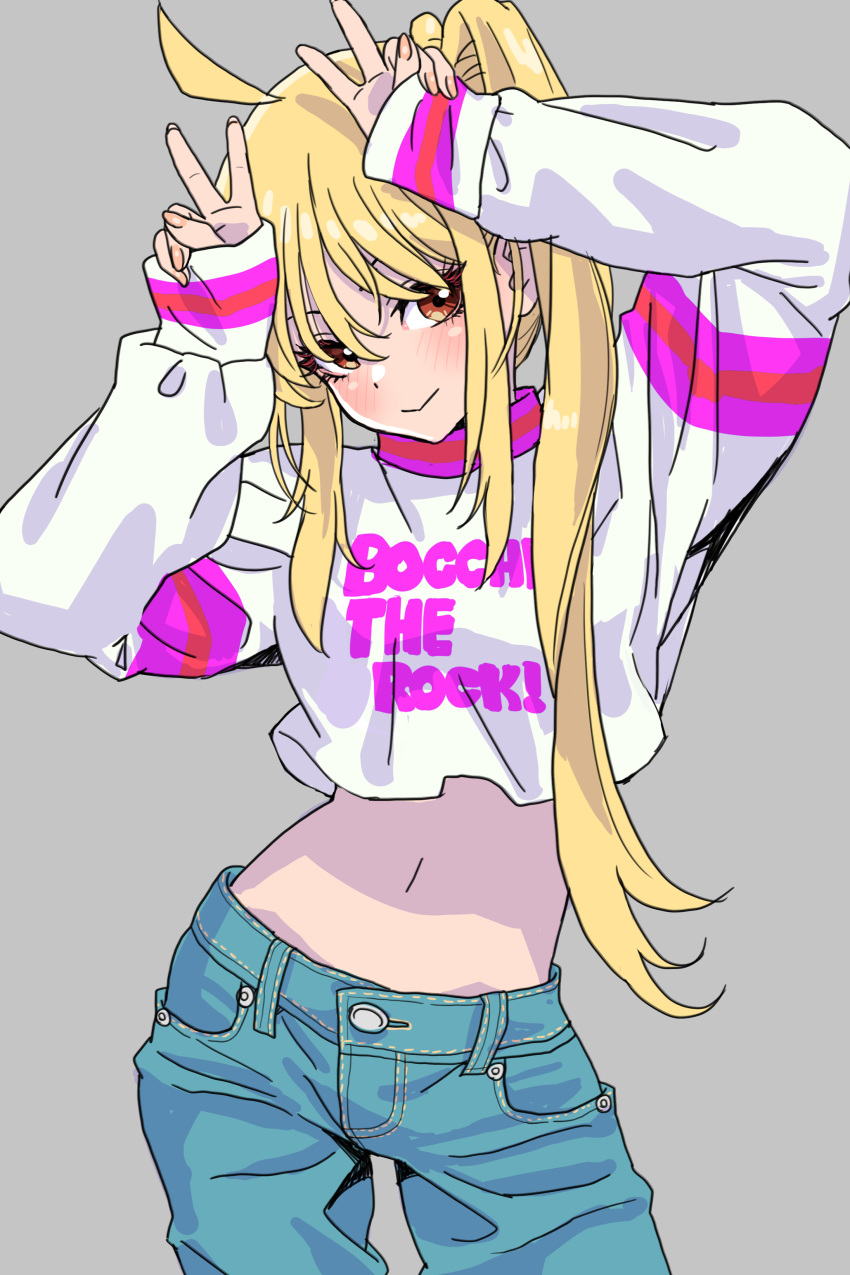 1girl absurdres ahoge arms_up blonde_hair bocchi_the_rock! brown_eyes closed_mouth contrapposto copyright_name cowboy_shot crop_top denim detached_ahoge double_v grey_background highres ijichi_nijika jacket jeans long_hair long_sleeves looking_at_viewer navel pants print_jacket simple_background solo standing v white_jacket yamashita_shun'ya