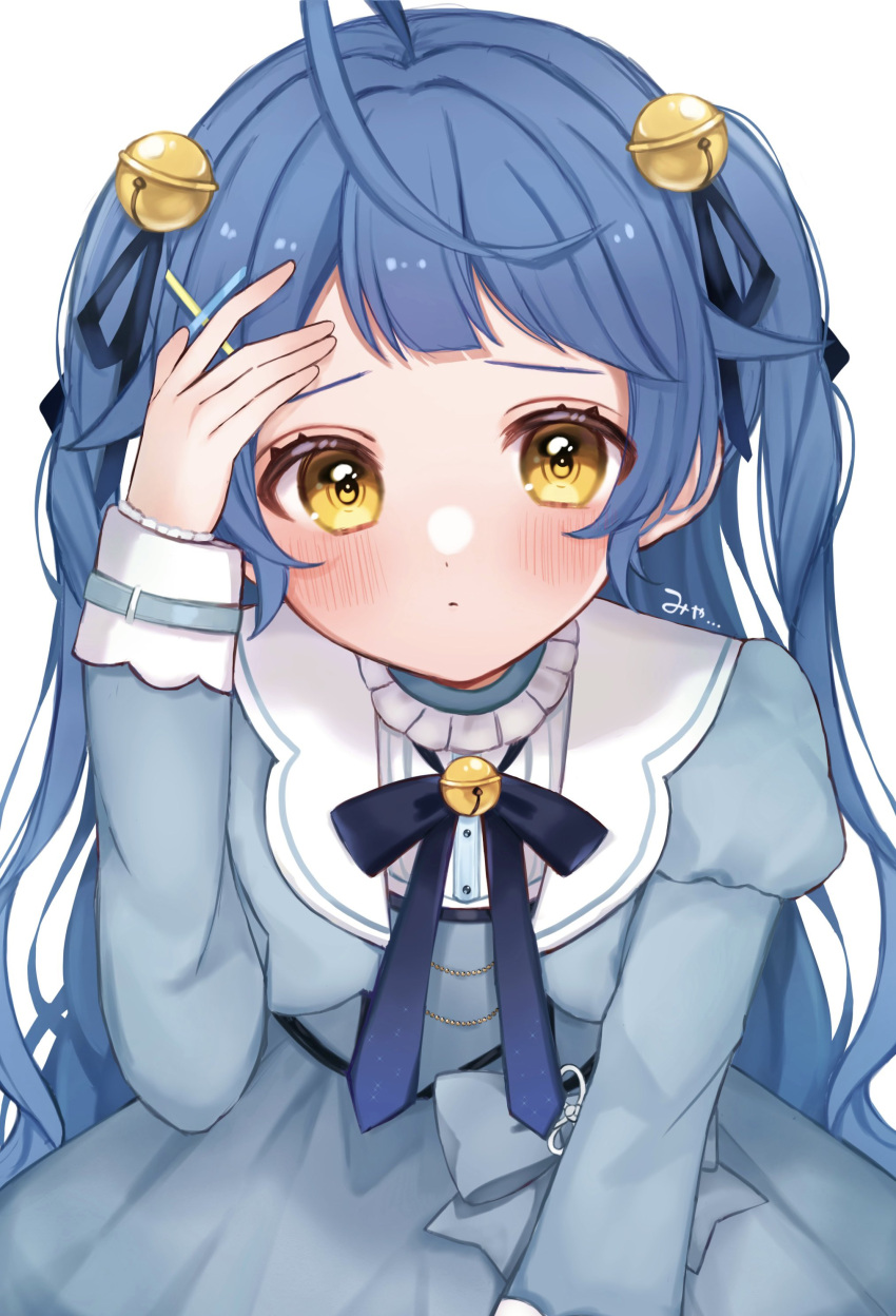 1girl absurdres ahoge amamiya_kokoro bell blue_dress blue_hair blush commentary_request dress hair_bell hair_ornament hand_on_own_forehead highres juliet_sleeves long_hair long_sleeves nijisanji puffy_sleeves short_bangs solo two_side_up virtual_youtuber x_hair_ornament yellow_eyes yukishiro_aile