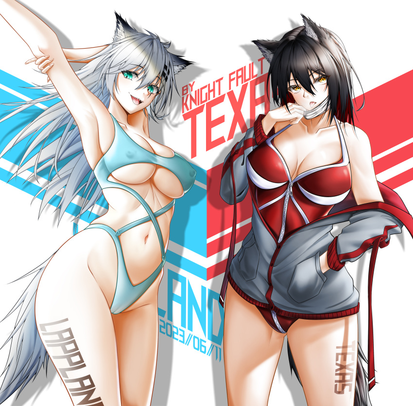 2girls :d absurdres alternate_costume animal_ear_fluff animal_ears aqua_eyes arknights armpits arms_up artist_name bare_shoulders black_hair blue_one-piece_swimsuit breasts cameltoe casual_one-piece_swimsuit character_name cleavage collarbone commentary_request covered_nipples cowboy_shot dated grey_hair grey_jacket grey_theme groin hair_ornament hairclip hand_in_pocket highres jacket knight_fault lappland_(arknights) large_breasts long_hair long_sleeves looking_at_viewer mask_pull multiple_girls navel off_shoulder one-piece_swimsuit open_clothes open_jacket open_mouth orange_eyes pulled_by_self red_one-piece_swimsuit sharp_teeth smile spot_color swimsuit tail teeth texas_(arknights) tongue tongue_out two-tone_background underboob upper_teeth_only wolf_ears wolf_girl wolf_tail zipper zipper_pull_tab