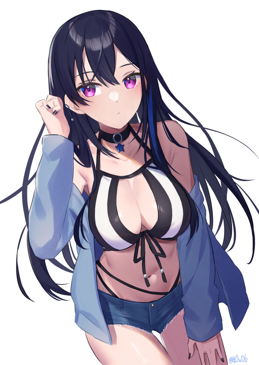 1girl bare_shoulders bikini black_bikini black_choker black_hair black_nails blue_jacket blue_shorts breasts center_opening choker cutoffs denim denim_shorts ear_piercing front-tie_bikini_top front-tie_top hand_on_own_thigh highres ichinose_uruha jacket large_breasts long_hair looking_at_viewer multi-strapped_bikini navel off_shoulder official_alternate_costume open_clothes open_jacket piercing purple_eyes short_shorts shorts simple_background solo star_(symbol) star_choker swimsuit very_long_hair virtual_youtuber vspo! white_background white_bikini you06