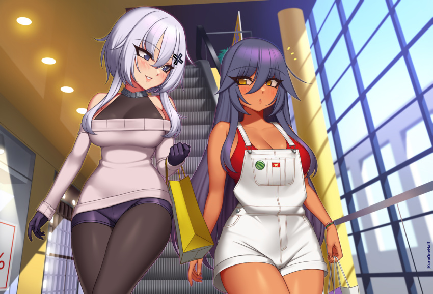 2girls bag black_eyes black_gloves black_hair black_pantyhose black_shorts blush bodystocking breasts brown_eyes cleavage closed_mouth commission dark-skinned_female dark_skin escalator gloves grey_hair grin holding holding_bag indoors kuroonehalf large_breasts looking_at_another multiple_girls off-shoulder_sweater off_shoulder original overall_shorts overalls pantyhose parted_lips shopping shopping_bag short_shorts shorts smile sweater teeth white_overalls white_sweater