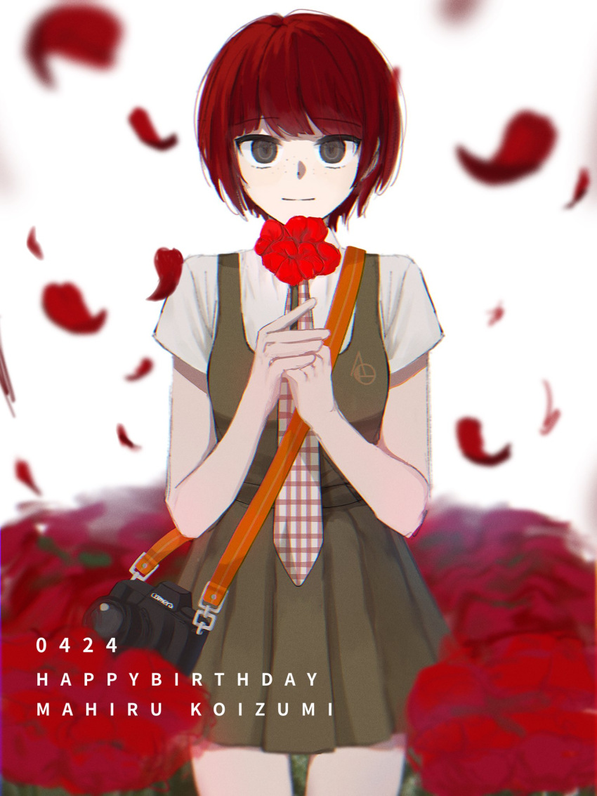 1girl 2h4o belt blunt_bangs blurry blurry_background bouquet breasts brown_eyes camera character_name closed_mouth commentary copyright_name cowboy_shot danganronpa_(series) danganronpa_2:_goodbye_despair dated depth_of_field dress dress_shirt english_text falling_petals field flower flower_field freckles green_belt green_dress hair_strand hands_on_own_cheeks hands_on_own_face happy_birthday highres holding holding_flower koizumi_mahiru light_smile looking_at_viewer necktie own_hands_together petals pinafore_dress plaid_necktie pleated_dress poppy_(flower) red_flower red_hair ringed_eyes school_uniform shirt short_dress short_hair short_sleeves simple_background sleeveless sleeveless_dress small_breasts solo standing strap thigh_gap translated upturned_eyes very_short_hair w_arms white_background white_shirt