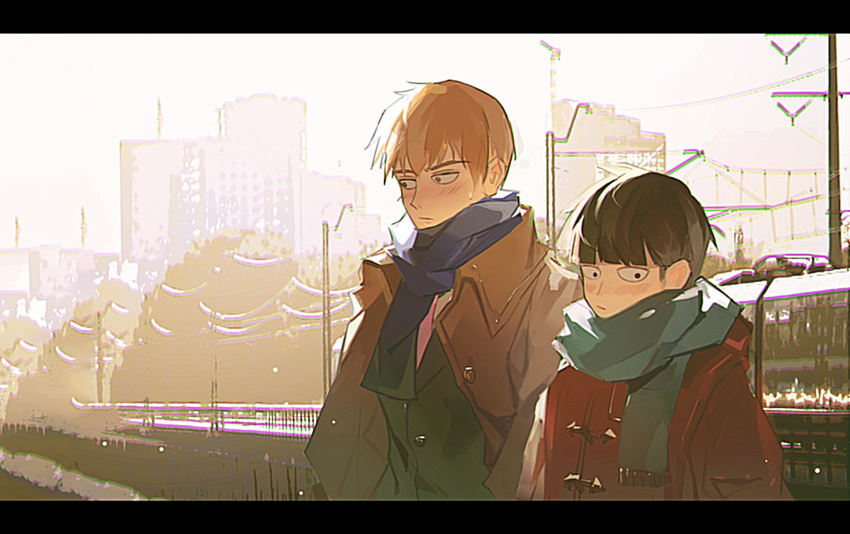 2boys :| black_border black_eyes black_hair blue_scarf blunt_bangs blush border bowl_cut brown_coat chromatic_aberration city closed_mouth coat cowlick green_scarf ground_vehicle highres kageyama_shigeo long_sleeves looking_away male_focus mob_psycho_100 multiple_boys orange_hair red_coat reigen_arataka scarf short_hair sweatdrop train tree upper_body user_jcym8788 very_short_hair