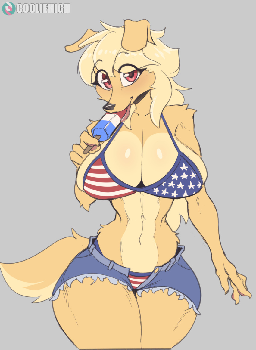 4th_of_july anthro big_breasts bikini breasts canid canine canis cleavage clothed clothing cooliehigh domestic_dog female food hi_res mammal popsicle solo stars_and_stripes swimwear united_states_of_america