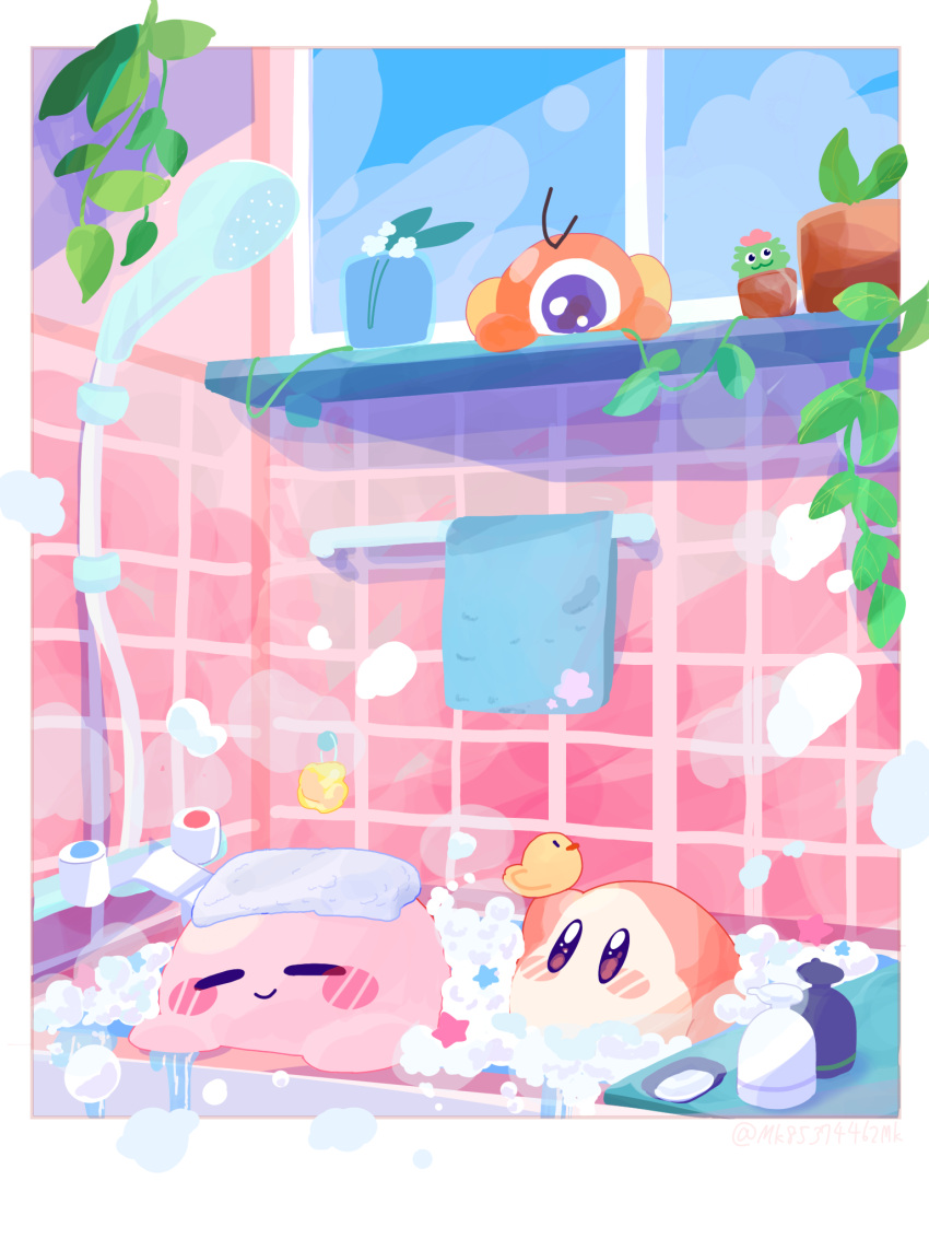 :3 arm_up artist_name bath bathtub blue_eyes blush blush_stickers border bottle brown_eyes bubble bubble_bath closed_eyes closed_mouth flower_pot highres holding indoors kirby kirby_(series) loofah no_humans omame_sakana one-eyed outside_border plant potted_plant rubber_duck shampoo_bottle shower_head smile soap_bubbles stactus steam tile_wall tiles towel towel_on_head towel_rack twitter_username vase vines waddle_dee waddle_doo water white_border window windowsill