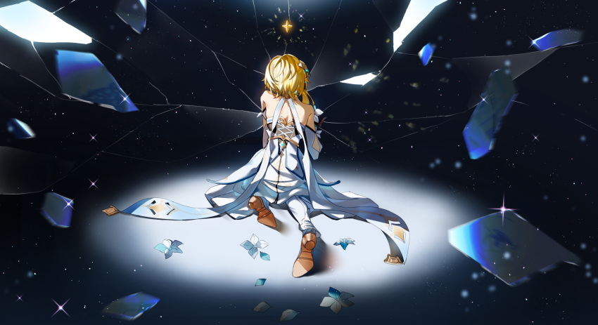 1girl backless_dress backless_outfit bare_shoulders blonde_hair boots dark_background detached_sleeves dress feather_hair_ornament feathers flower from_behind genshin_impact glass_shards hair_flower hair_ornament highres light_particles lily_(flower) lumine_(genshin_impact) scarf shattered short_hair_with_long_locks sitting solo sparkle spotlight star_(sky) star_(symbol) thigh_boots white_dress white_flower white_scarf white_sleeves yan_er10