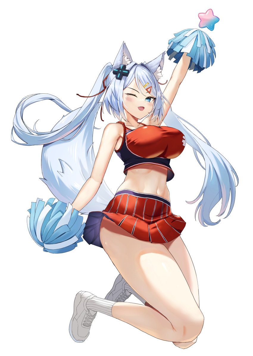 1girl absurdres animal_ears arm_up bare_arms bare_shoulders blue_eyes breasts cheerleader crop_top crop_top_overhang d-pad d-pad_hair_ornament fox_ears fox_girl fox_tail hair_ornament hairclip highres holding holding_pom_poms indie_virtual_youtuber large_breasts legs_up long_hair looking_at_viewer midriff miniskirt mizuki_(vtuber) navel one_eye_closed open_mouth oukafafafa pleated_skirt pom_pom_(cheerleading) red_shirt red_skirt shirt shoes simple_background skirt sleeveless sleeveless_shirt smile sneakers socks solo stomach tail thighs twintails very_long_hair virtual_youtuber white_background white_footwear white_hair white_socks