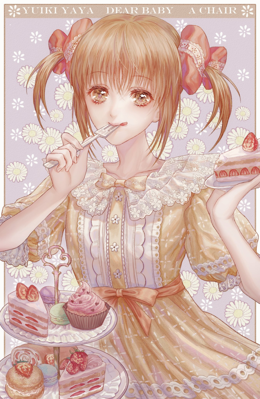 1girl bow brown_eyes brown_hair cake cake_slice doily dress english_text floral_print floral_print_dress flower food fork hair_bow highres holding holding_cake holding_food holding_fork lace lace-trimmed_dress lace_bow lace_trim macaron puffy_short_sleeves puffy_sleeves red_bow ry1115275908 short_hair short_sleeves short_twintails shugo_chara! smile solo strawberry_cake strawberry_shortcake sweets tongue tongue_out twintails utensil_in_mouth white_flower yellow_bow yellow_dress yuiki_yaya