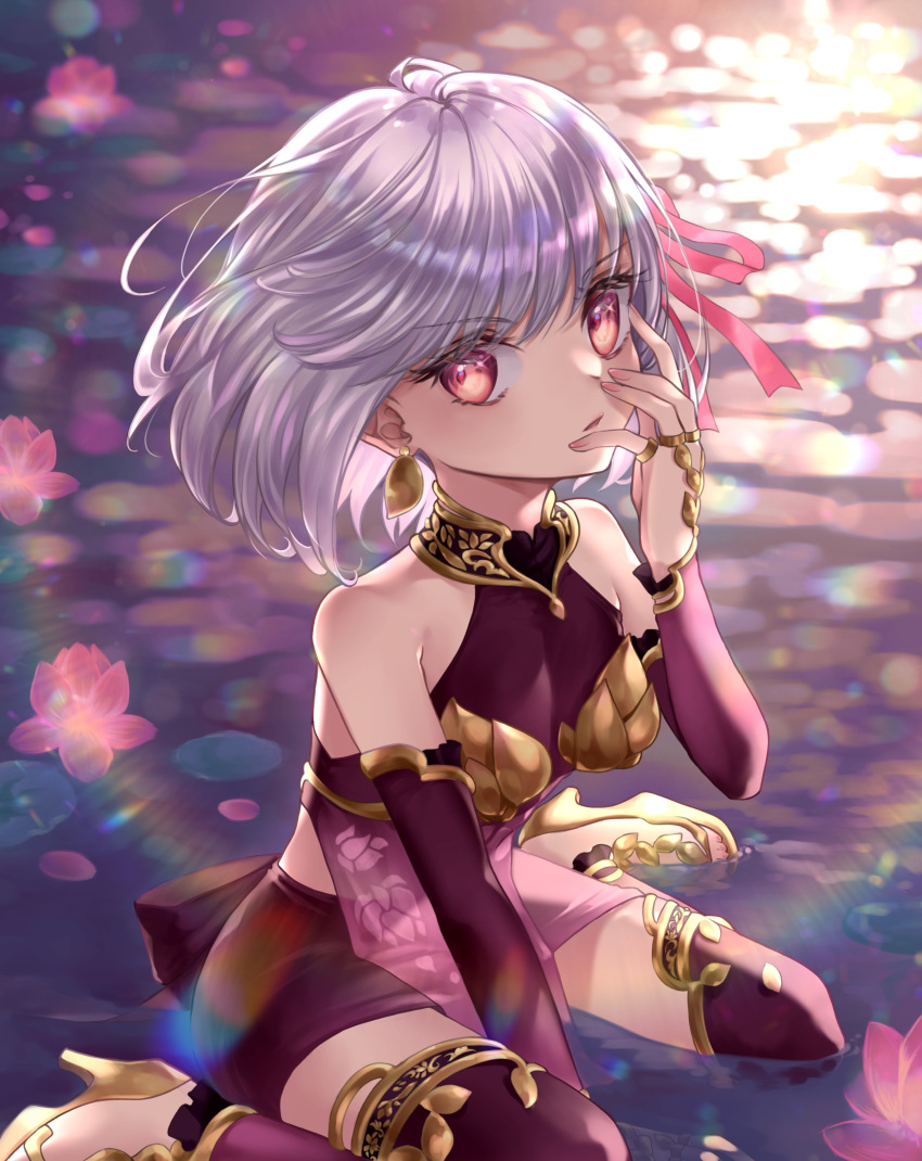 1girl absurdres armor bare_shoulders bikini_armor bracelet breasts collar detached_sleeves dress earrings fate/grand_order fate_(series) floral_print flower gold_footwear hair_ribbon hand_on_own_face high_heels highres jewelry kama_(fate) kama_(first_ascension)_(fate) kuraha1601 lens_flare looking_at_viewer lotus lotus_print metal_collar miniskirt pelvic_curtain pink_ribbon purple_dress purple_skirt purple_sleeves purple_thighhighs red_eyes ribbon ring short_hair sitting_on_water skirt small_breasts solo thighhighs thighlet thighs water white_hair