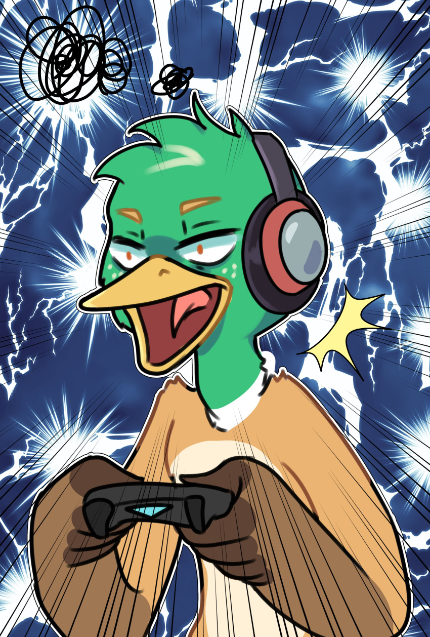 absurd_res anas anatid angry anseriform anthro avian beak bird brown_body brown_feathers controller dabbling_duck duck feathers game_controller gaming green_body green_feathers headgear headphones headset hi_res humor makariavalon male mallard playing_videogame solo