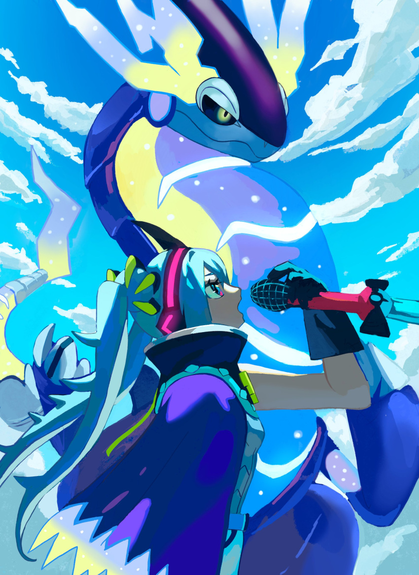 1girl absurdres black_gloves blue_cape blue_hair blue_sky cape cloud day dragon_miku_(project_voltage) from_side gloves hand_up hatsune_miku headphones high_collar highres holding holding_microphone light_blue_hair long_hair microphone miraidon music nagomi_(_nagomi_) open_mouth outdoors pokemon pokemon_(creature) profile project_voltage singing sky solo twintails upper_body vocaloid