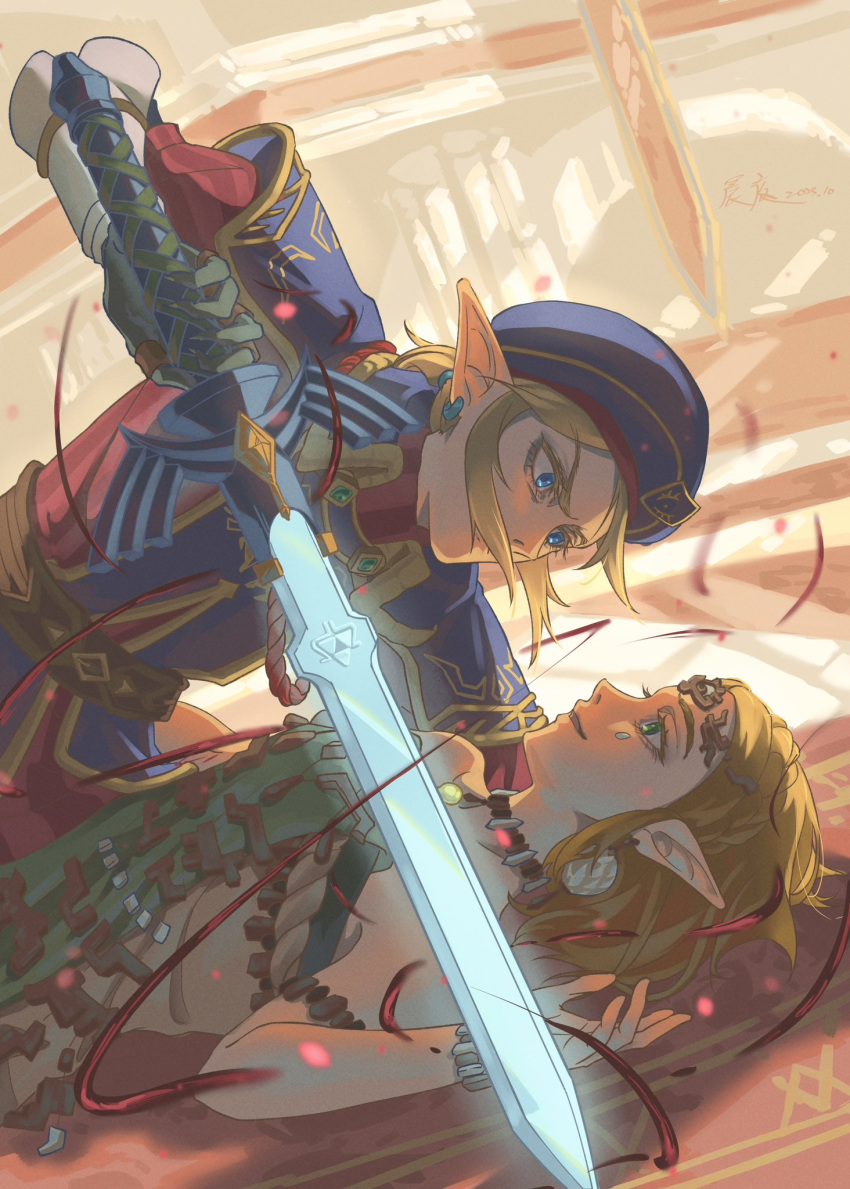 1boy 1girl armlet bare_shoulders belt blonde_hair blue_headwear bracelet earrings eye_contact from_side gloves highres holding holding_sword holding_weapon jewelry link looking_at_another master_sword pointy_ears ponytail princess_zelda shinnya short_hair sidelocks smile sword the_legend_of_zelda the_legend_of_zelda:_tears_of_the_kingdom upper_body weapon