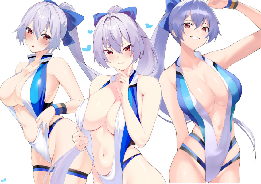 1girl bare_shoulders blue_bow blue_hair blue_one-piece_swimsuit blush bow breasts casual_one-piece_swimsuit center_opening cleavage collarbone contrapposto fate/grand_order fate_(series) grin hair_between_eyes hair_bow hair_intakes halterneck highleg highleg_swimsuit highres kurozawa_yui large_breasts long_hair looking_at_viewer multiple_views navel one-piece_swimsuit open_mouth ponytail red_eyes simple_background skindentation smile stomach swimsuit thigh_strap thighs tomoe_gozen_(fate) tomoe_gozen_(swimsuit_saber)_(fate) tomoe_gozen_(swimsuit_saber)_(first_ascension)_(fate) tsurime two-tone_swimsuit white_background white_hair white_one-piece_swimsuit wristband