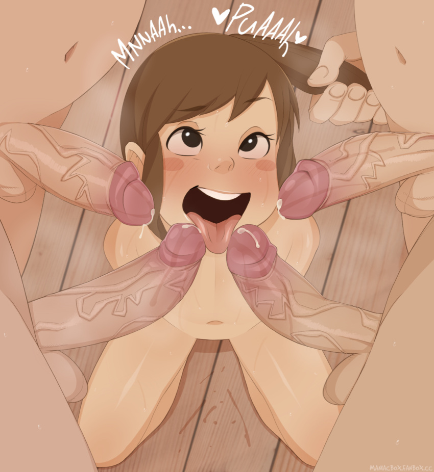 1girl 4boys blush_stickers brown_hair cum erection floor happy highres maniacbox multiple_boys multiple_penises navel nude ogino_chihiro penis sen_to_chihiro_no_kamikakushi teeth testicles tongue tongue_out upper_teeth_only